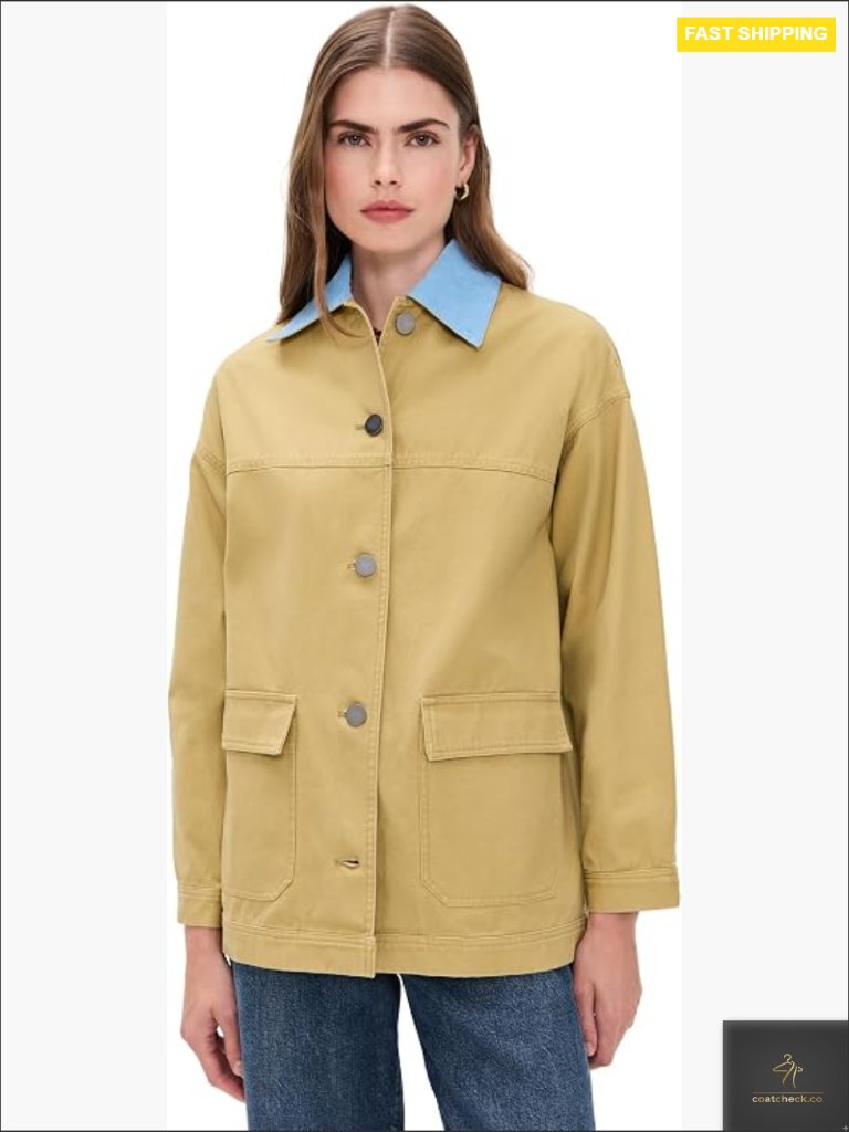 Oversized Mid-Length Barn Jacket Canvas Corduroy Trim Button Front Long Sleeve